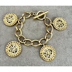 Vintage MONET Chunky DANGLE CHARM BRACELET Filigree Designs 8" Long Goldtone